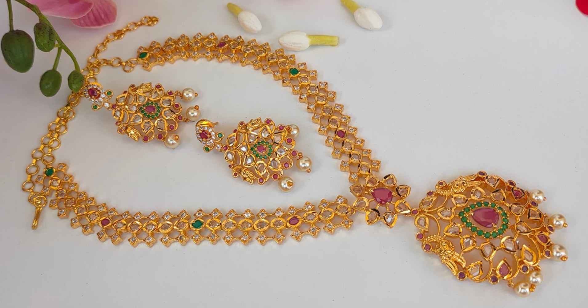 Pink & Green Bridal Necklace Set - Swadesiicart