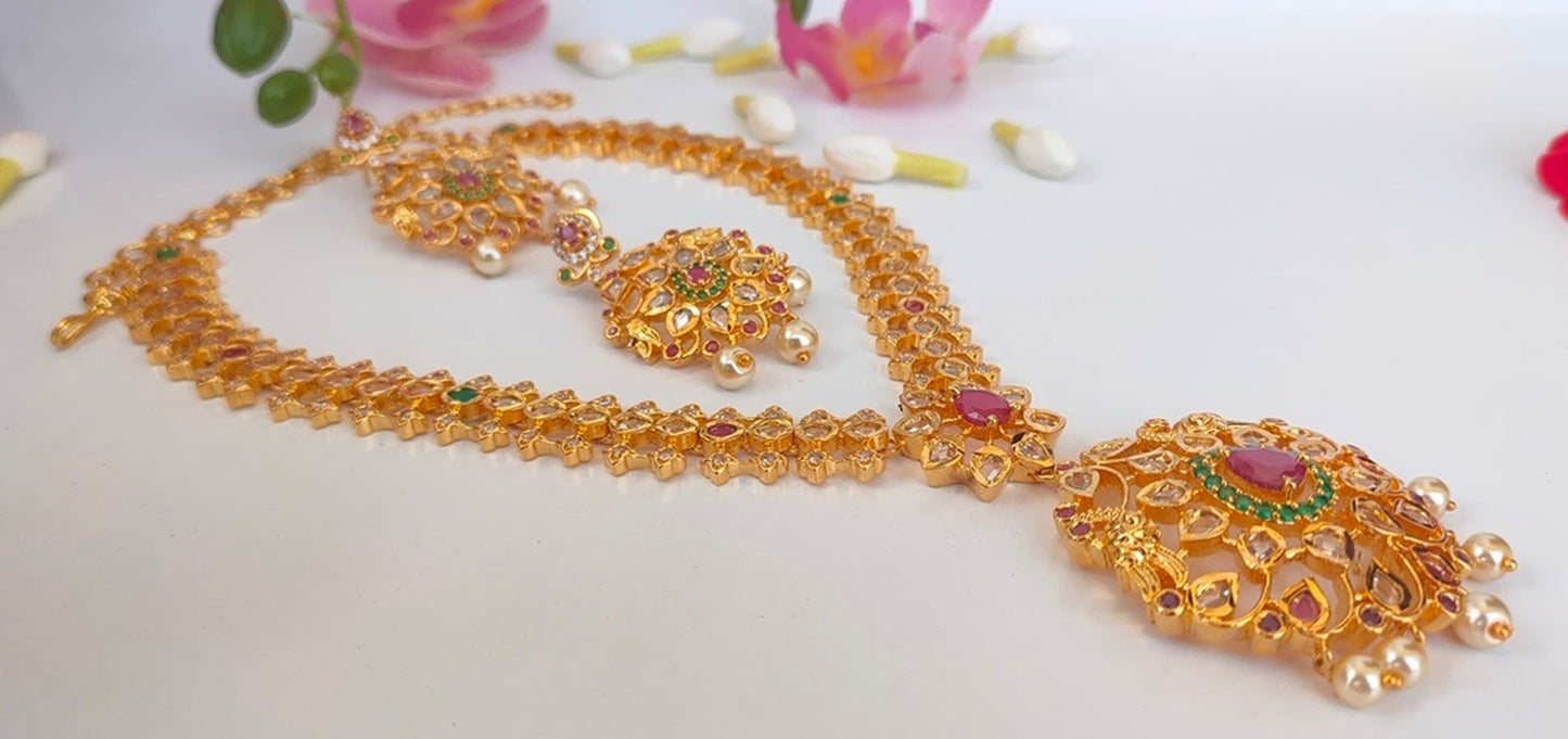 Pink & Green Bridal Necklace Set - Mokshi Collections