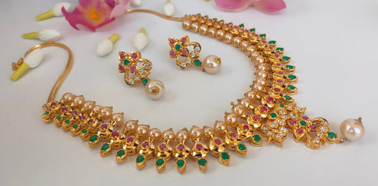 Multicolor Uncuts Bridal Jewelry With Earrings - Mokshi Collections