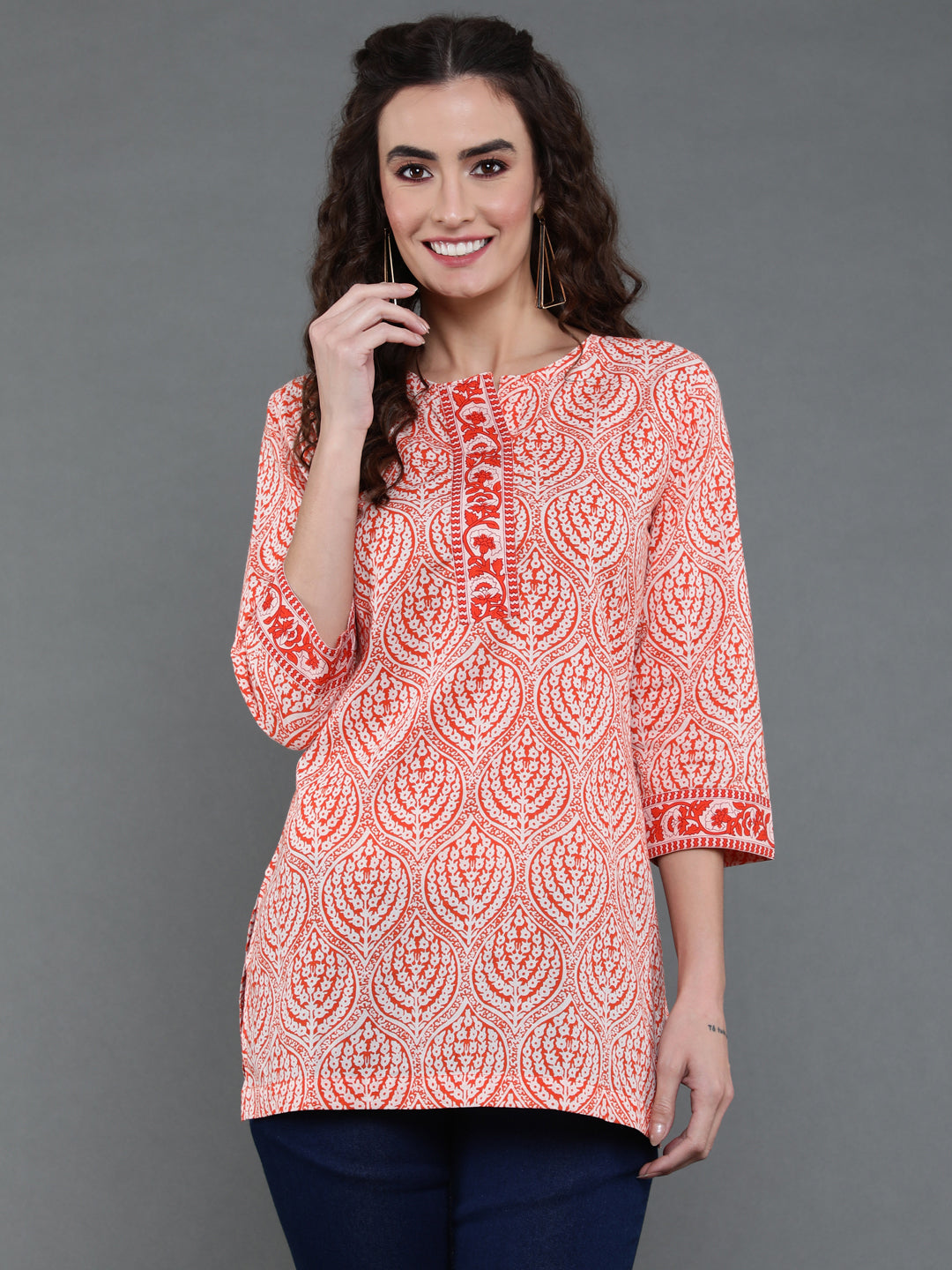 Antaran Orange Pure Cotton Printed Tunic - Swadesiicart