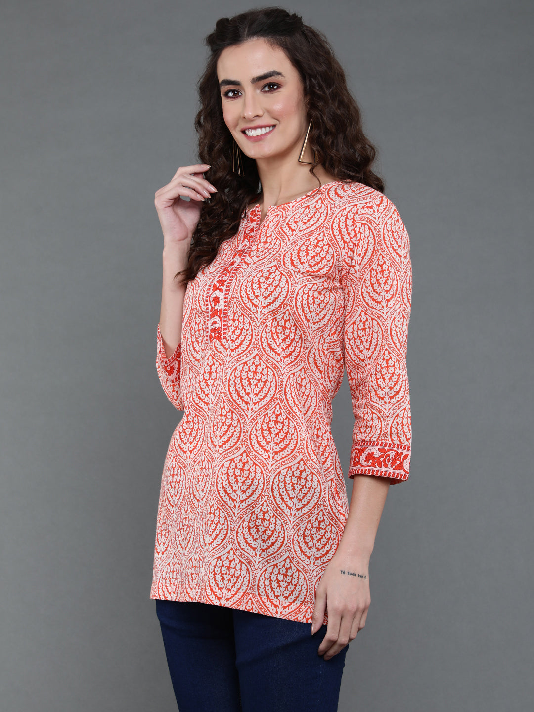 Antaran Orange Pure Cotton Printed Tunic - Swadesiicart