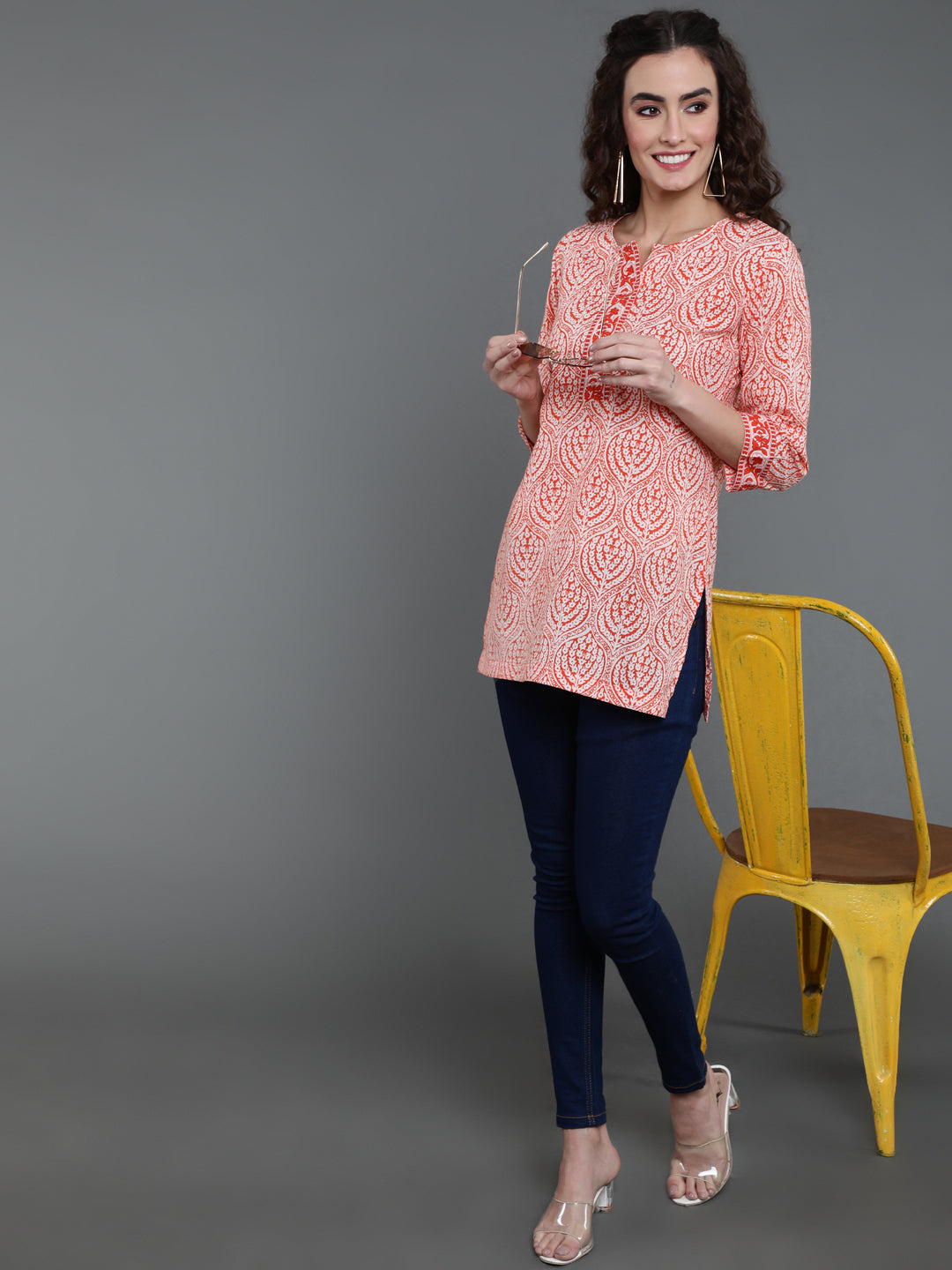 Antaran Orange Pure Cotton Printed Tunic - Swadesiicart