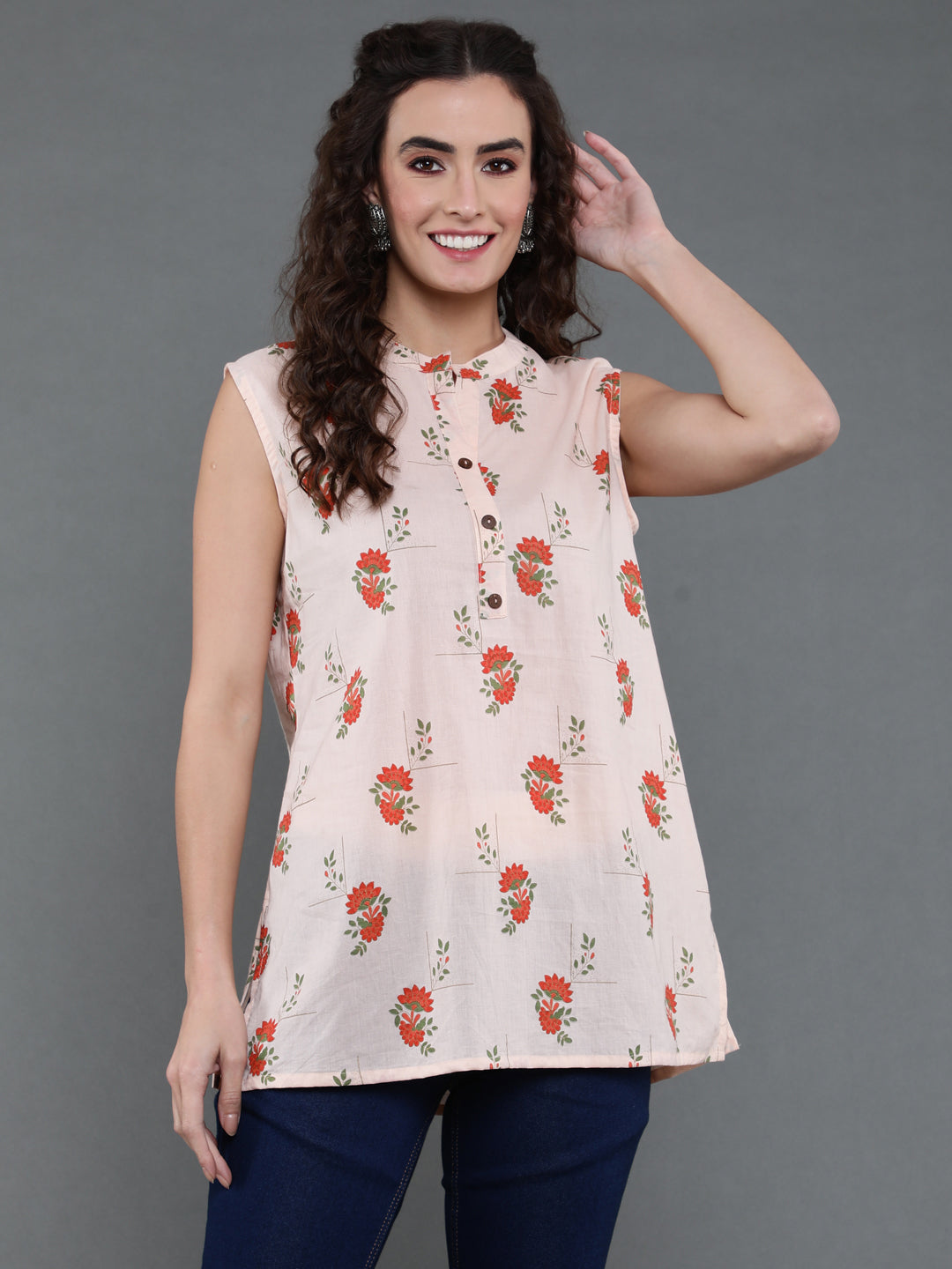 Antaran Peach Pure Cotton Printed Tunic - Swadesiicart
