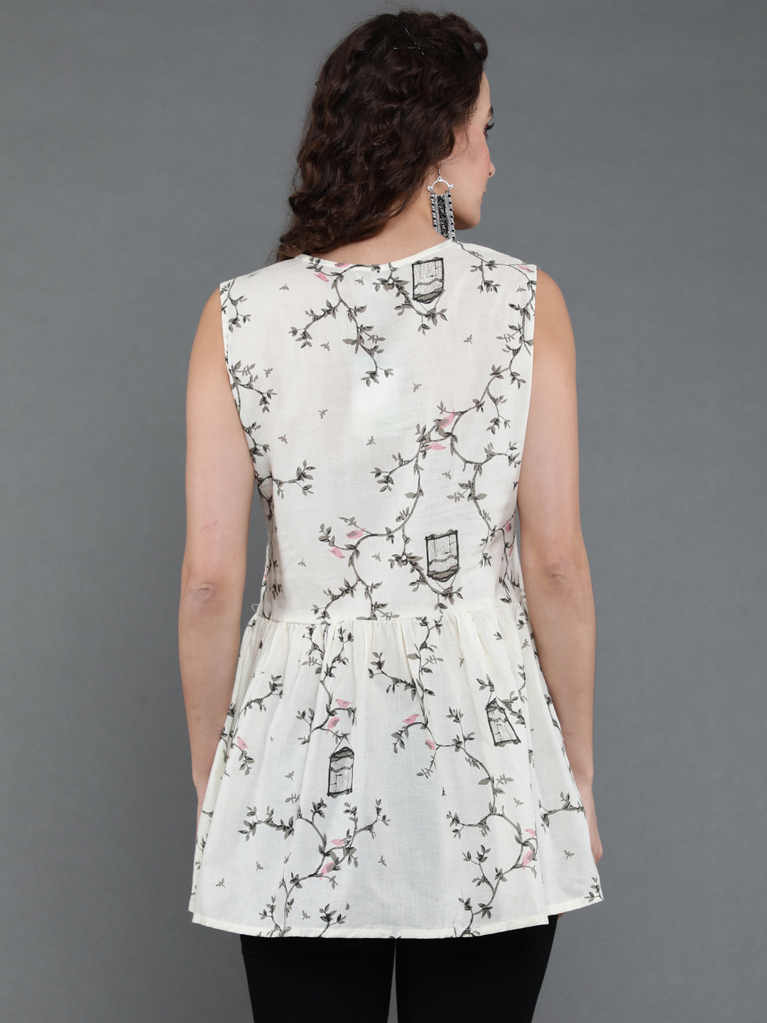Antaran Off White Pure Cotton Cage Printed Sleeveless Top - Swadesiicart