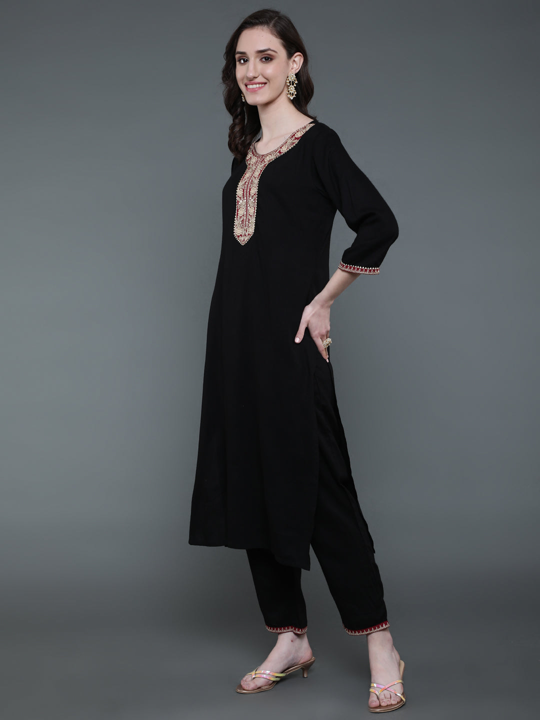 Antaran Black Rayon Embroidered Kurta Pant Set - Swadesiicart