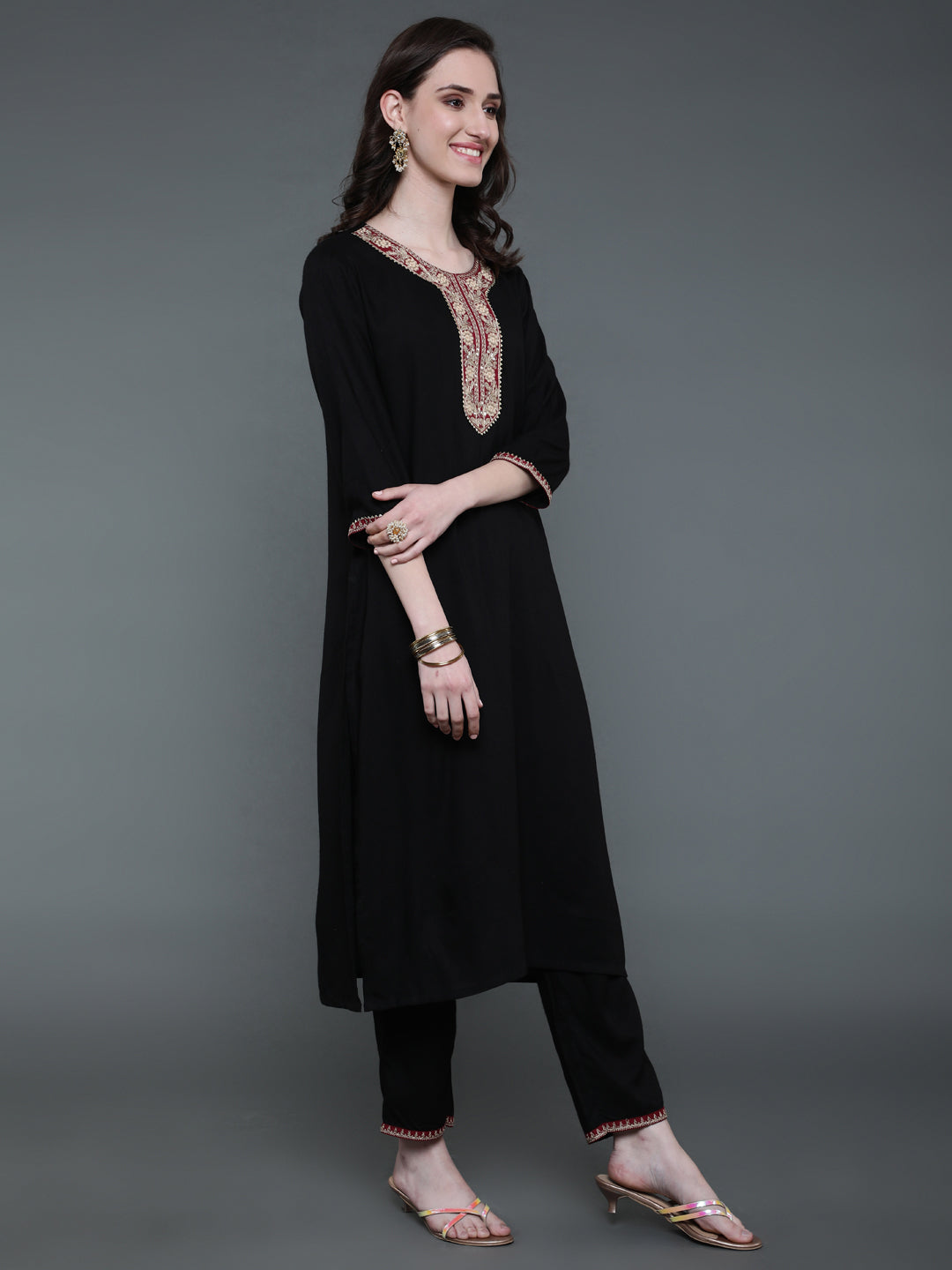 Antaran Black Rayon Embroidered Kurta Pant Set - Swadesiicart