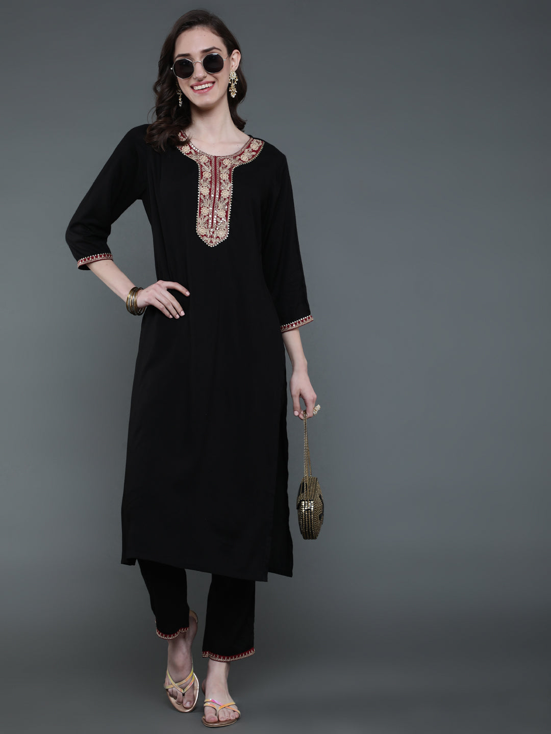 Antaran Black Rayon Embroidered Kurta Pant Set - Swadesiicart