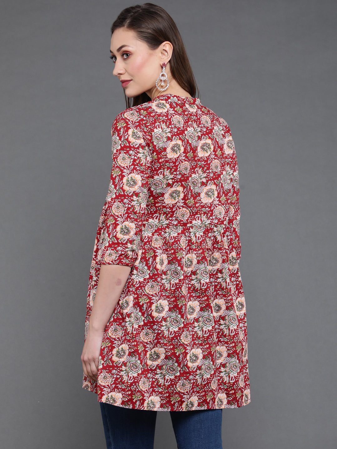Antaran Maroon Pure Cotton Floral Printed Tunic - Swadesiicart