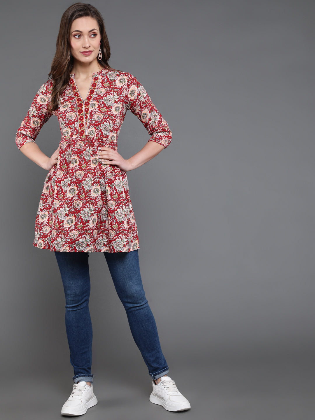 Antaran Maroon Pure Cotton Floral Printed Tunic - Swadesiicart