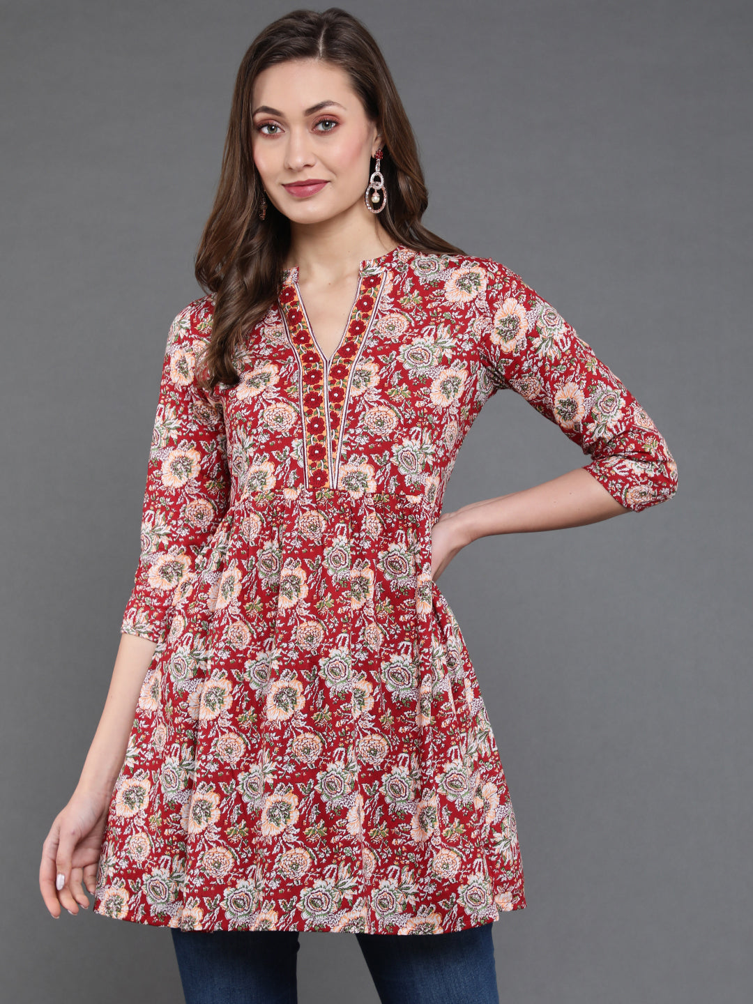 Antaran Maroon Pure Cotton Floral Printed Tunic - Swadesiicart