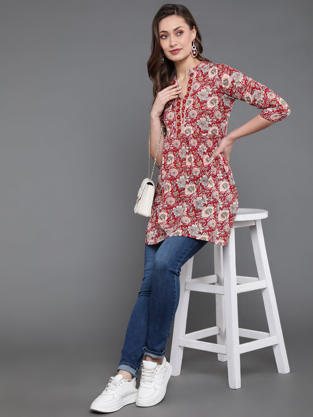 Antaran Maroon Pure Cotton Floral Printed Tunic - Swadesiicart