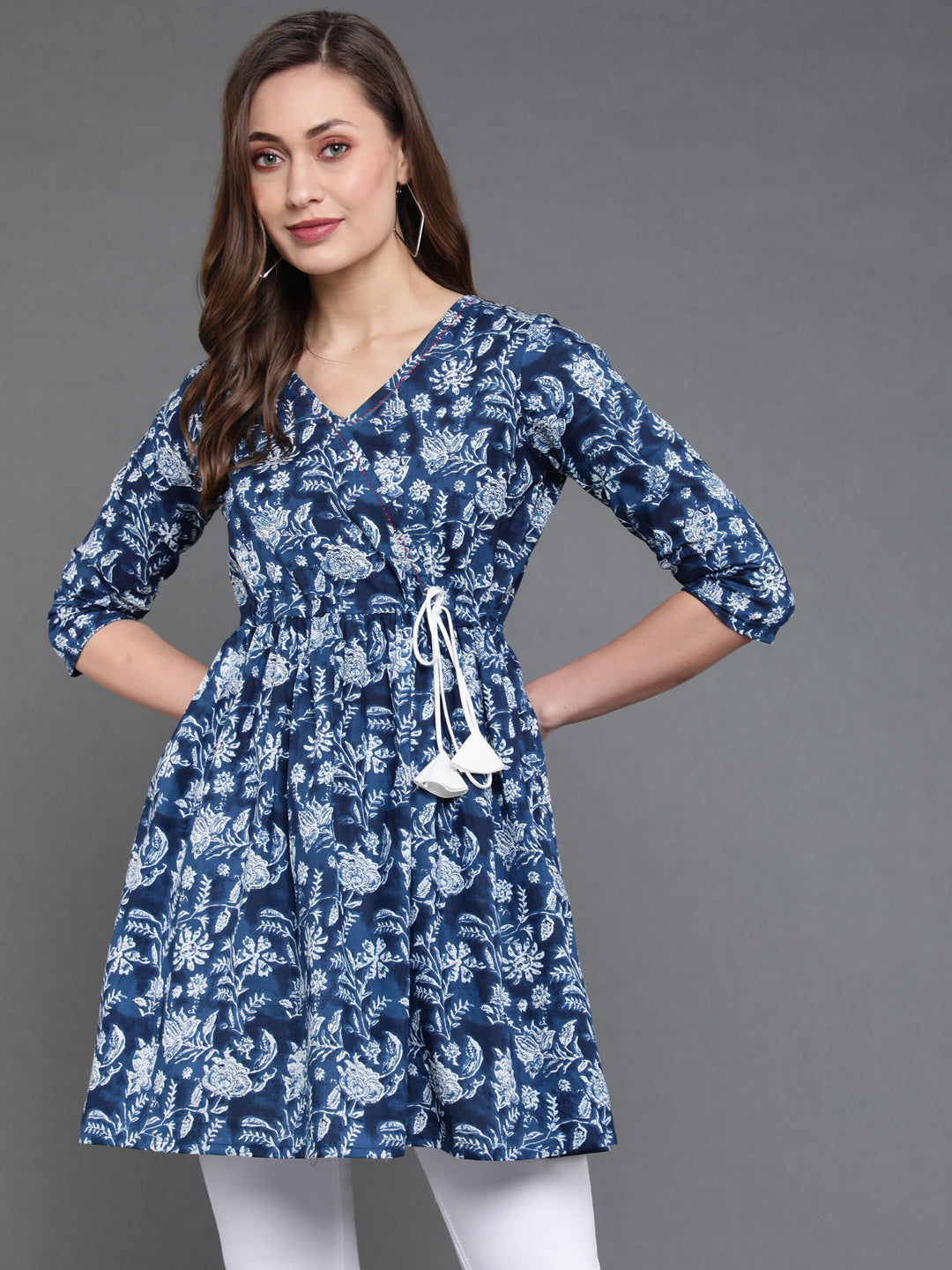 Antaran Blue Pure Cotton Flared Hand Embroidered Tunic - Swadesiicart