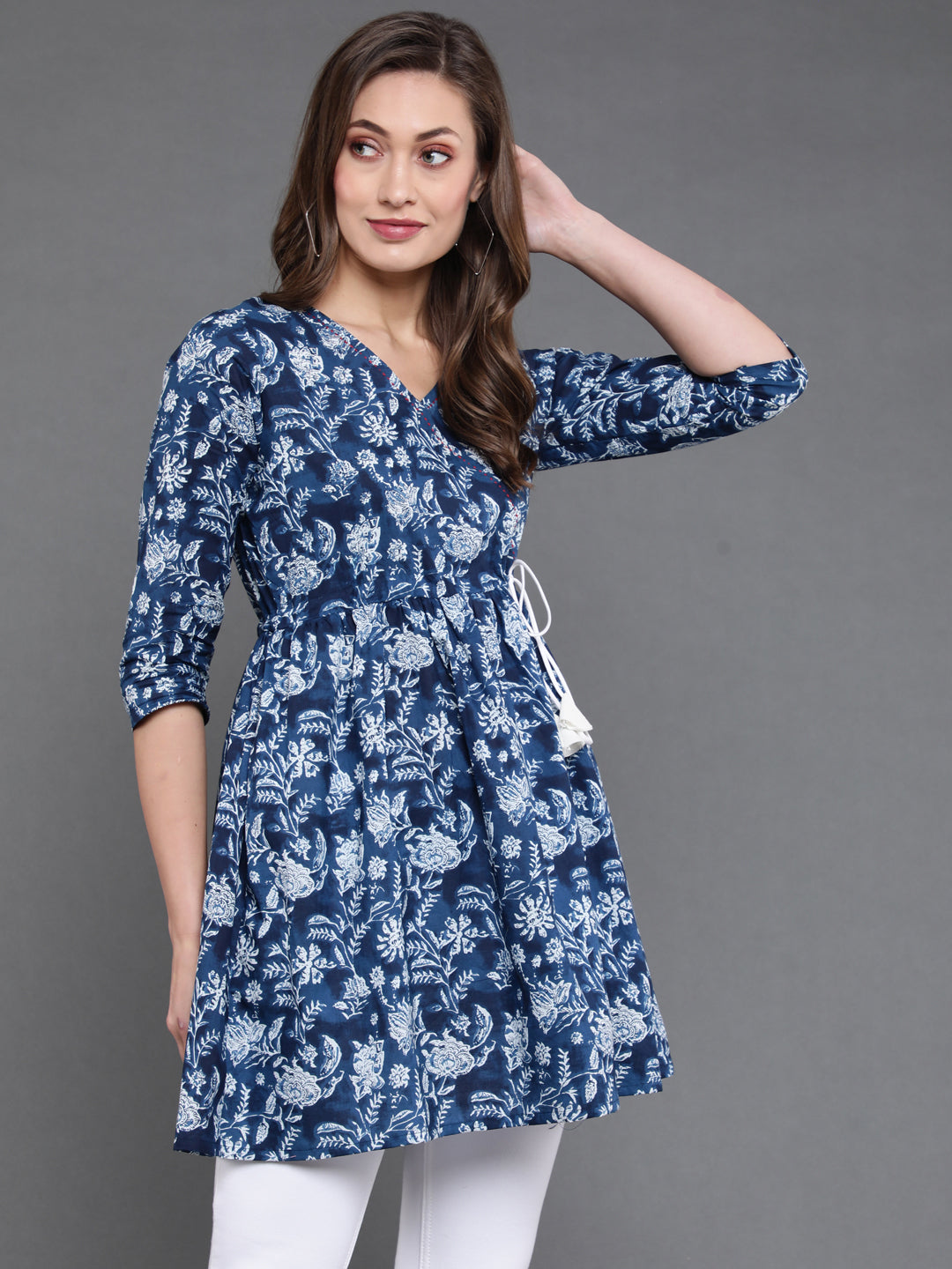 Antaran Blue Pure Cotton Flared Hand Embroidered Tunic - Swadesiicart