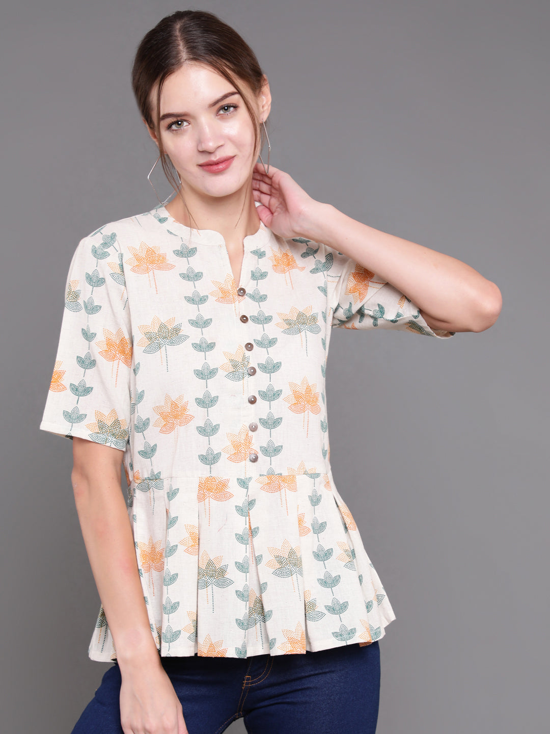 Antaran Off White Cotton Printed Cotton Flex Tunic With Box Pleat - Swadesiicart