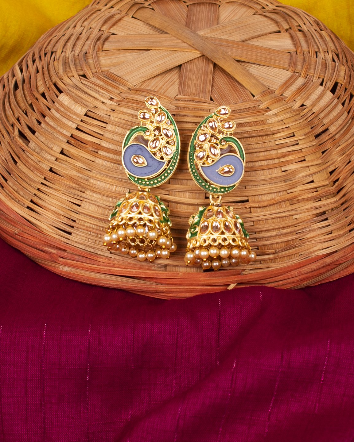Gold-Polished Alloy Enamel & Stone Studded Jhumki Earrings - The Pari - Swadesiicart