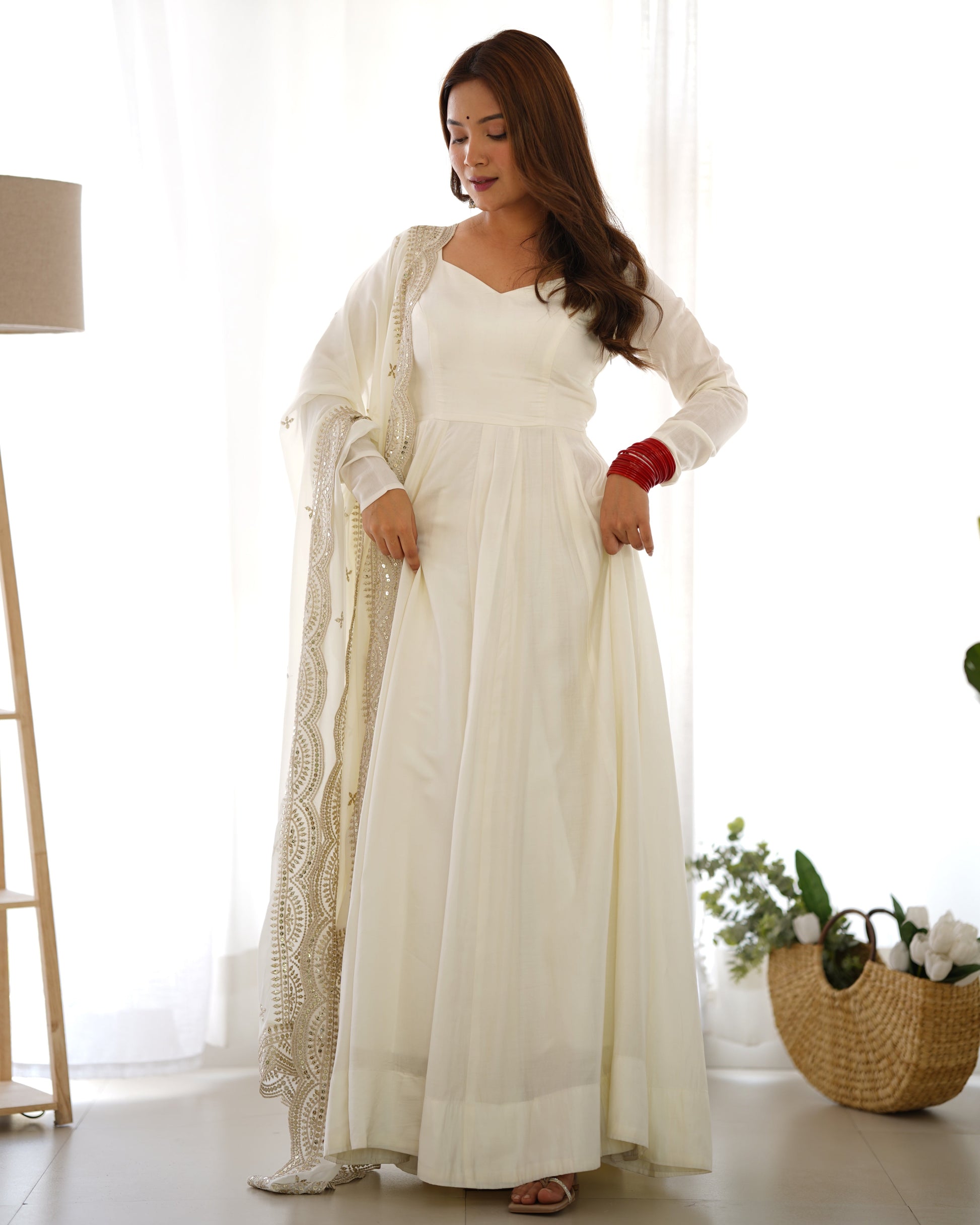 Lorenvalley Fashion Offwhite Pure Roman Silk Chanderi Fabric Fully Flared Anarkali Pant With Dupatta Set - Off White | Swadesiicart