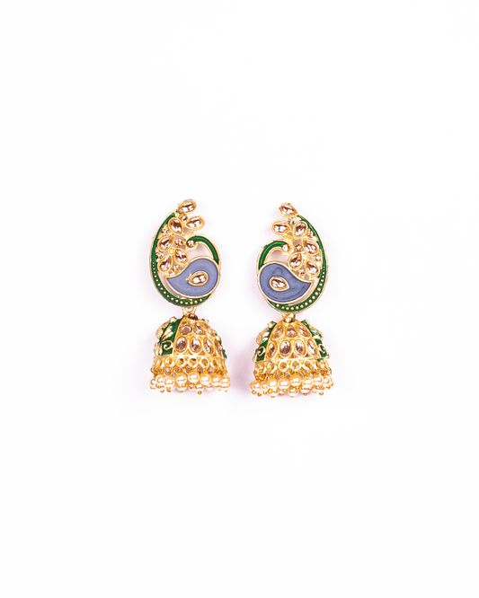 Gold-Polished Alloy Enamel & Stone Studded Jhumki Earrings - The Pari - The Pari - Dinesh Associates
