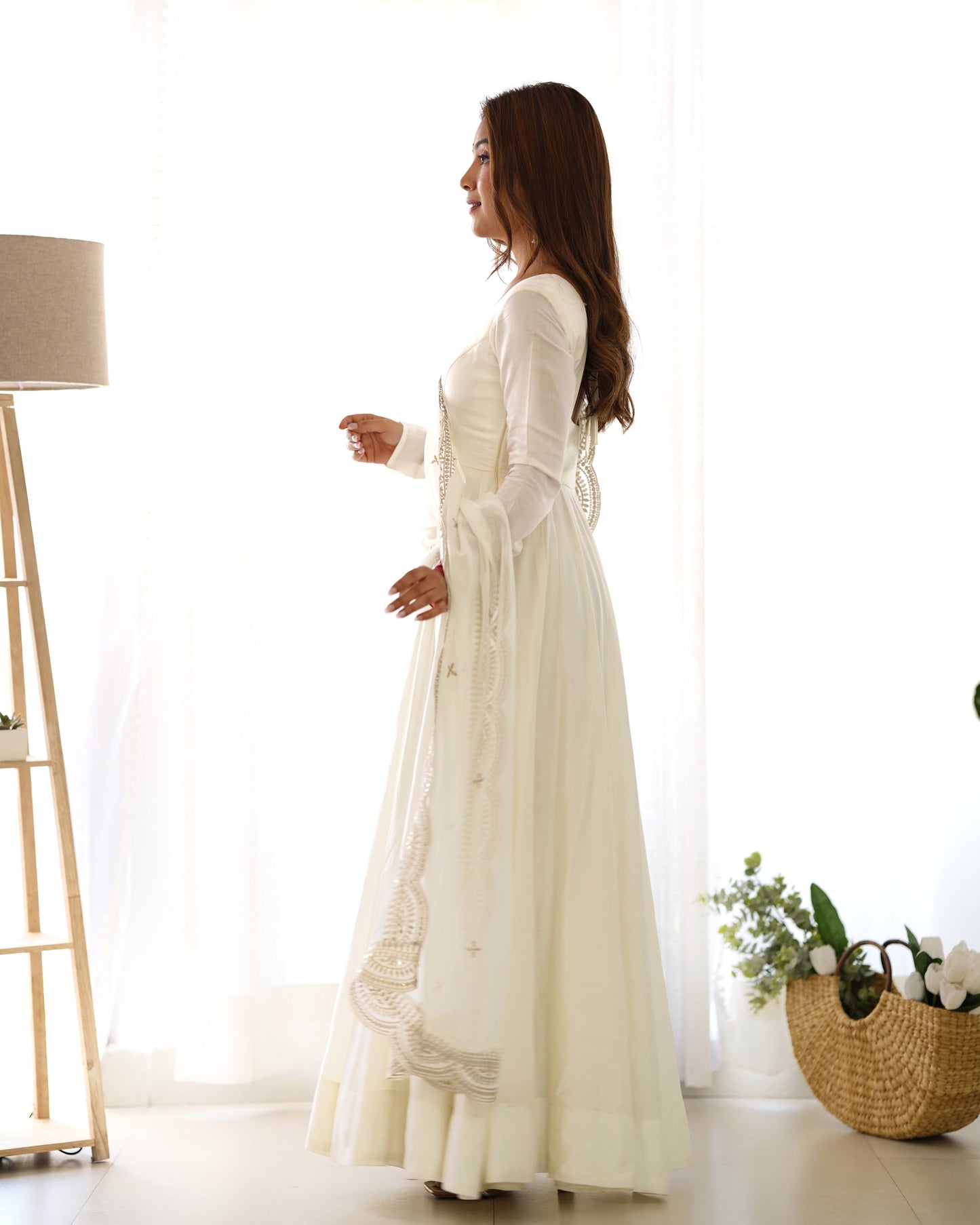Lorenvalley Fashion Offwhite Pure Roman Silk Chanderi Fabric Fully Flared Anarkali Pant With Dupatta Set - Off White | Swadesiicart