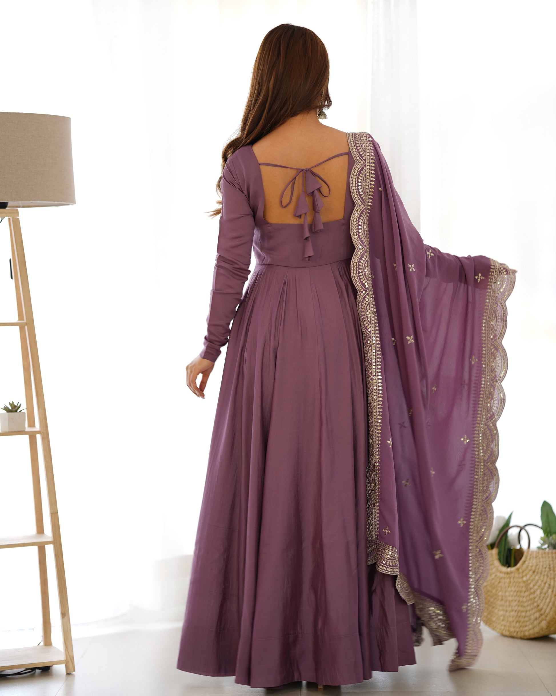 Lorenvalley Fashion Mauve Pure Roman Silk Chanderi Fabric Fully Flared Anarkali Pant With Dupatta Set - Mauve | Swadesiicart