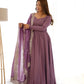 Lorenvalley Fashion Mauve Pure Roman Silk Chanderi Fabric Fully Flared Anarkali Pant With Dupatta Set - Mauve | Swadesiicart