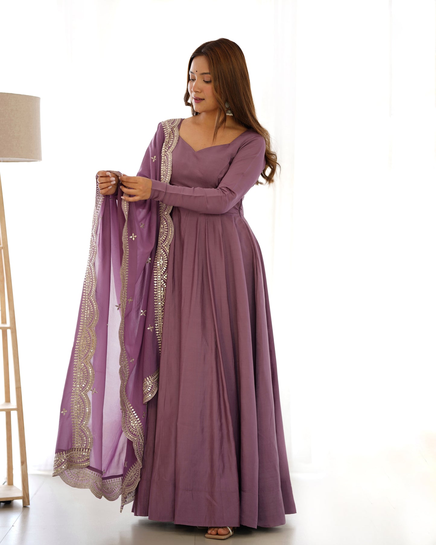 Lorenvalley Fashion Mauve Pure Roman Silk Chanderi Fabric Fully Flared Anarkali Pant With Dupatta Set - Mauve | Swadesiicart