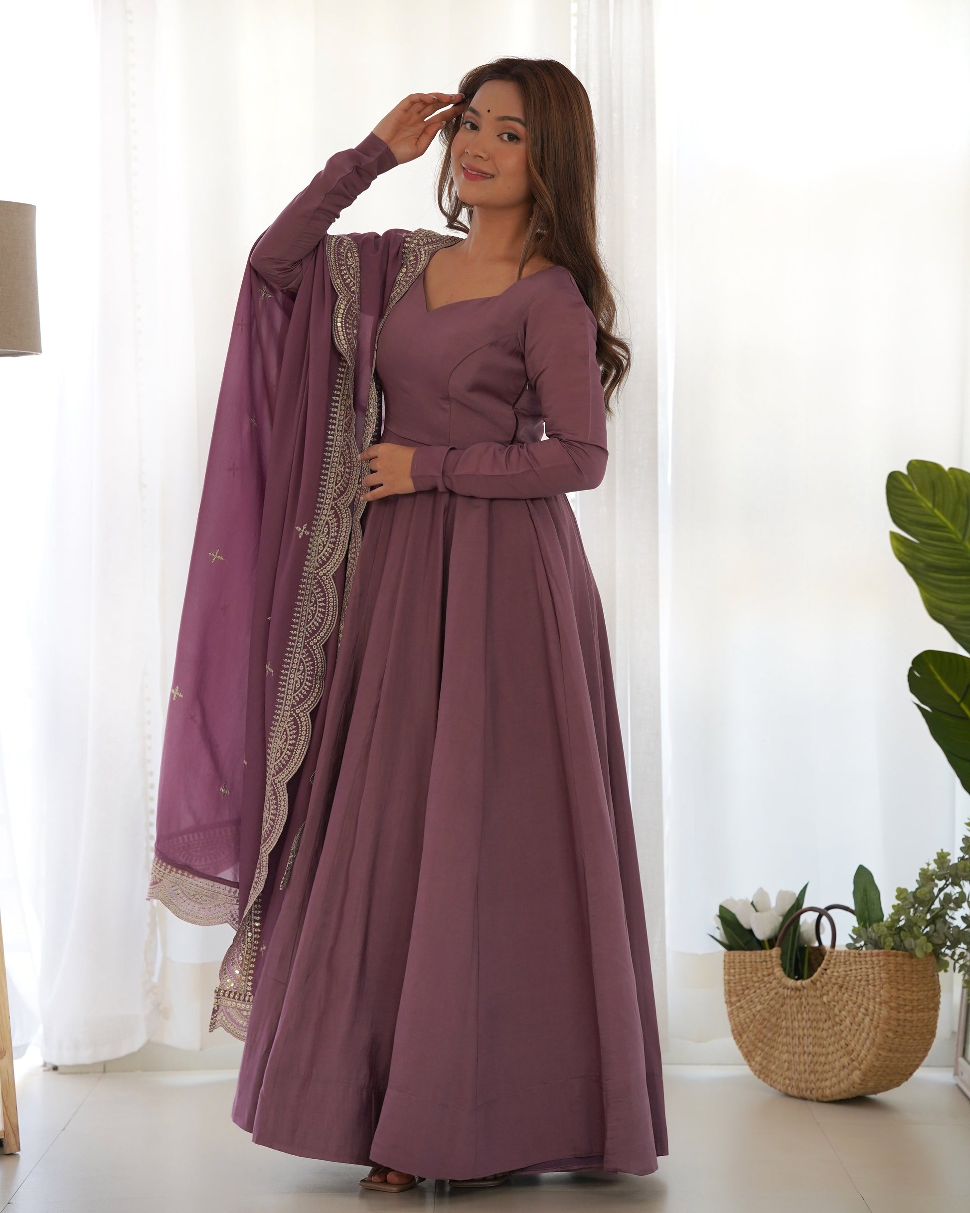 Lorenvalley Fashion Mauve Pure Roman Silk Chanderi Fabric Fully Flared Anarkali Pant With Dupatta Set - Mauve | Swadesiicart
