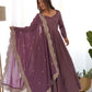 Lorenvalley Fashion Mauve Pure Roman Silk Chanderi Fabric Fully Flared Anarkali Pant With Dupatta Set - Mauve | Swadesiicart