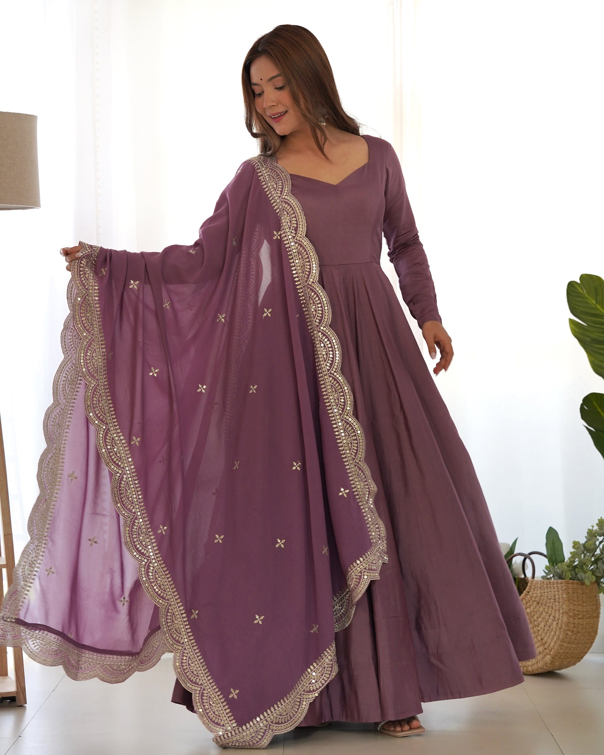 Lorenvalley Fashion Mauve Pure Roman Silk Chanderi Fabric Fully Flared Anarkali Pant With Dupatta Set - Mauve | Swadesiicart
