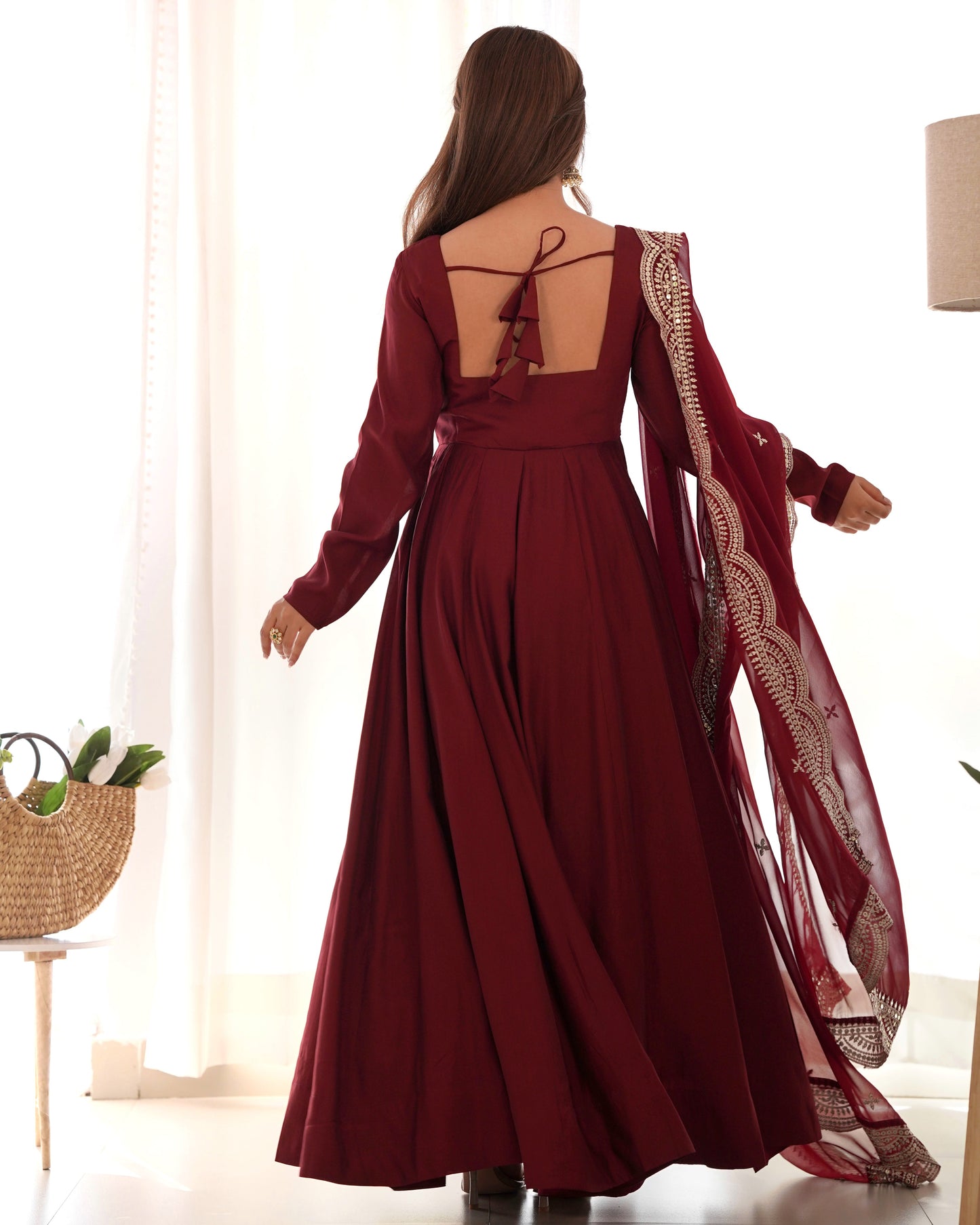 Lorenvalley Fashion Maroon Pure Roman Silk Chanderi Fabric Fully Flared Anarkali Pant With Dupatta Set - Maroon - Swadesiicart