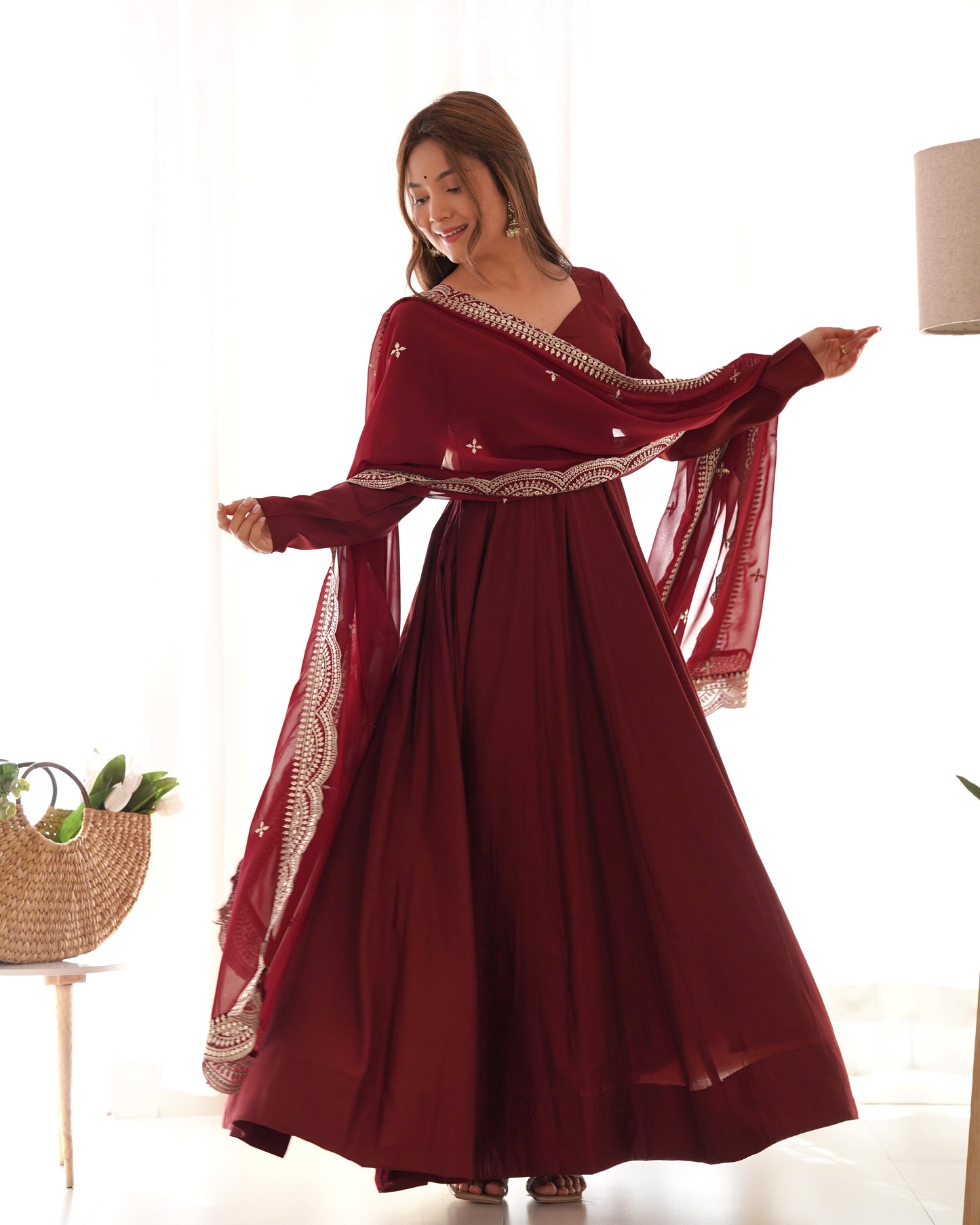 Lorenvalley Fashion Maroon Pure Roman Silk Chanderi Fabric Fully Flared Anarkali Pant With Dupatta Set - Maroon - Swadesiicart