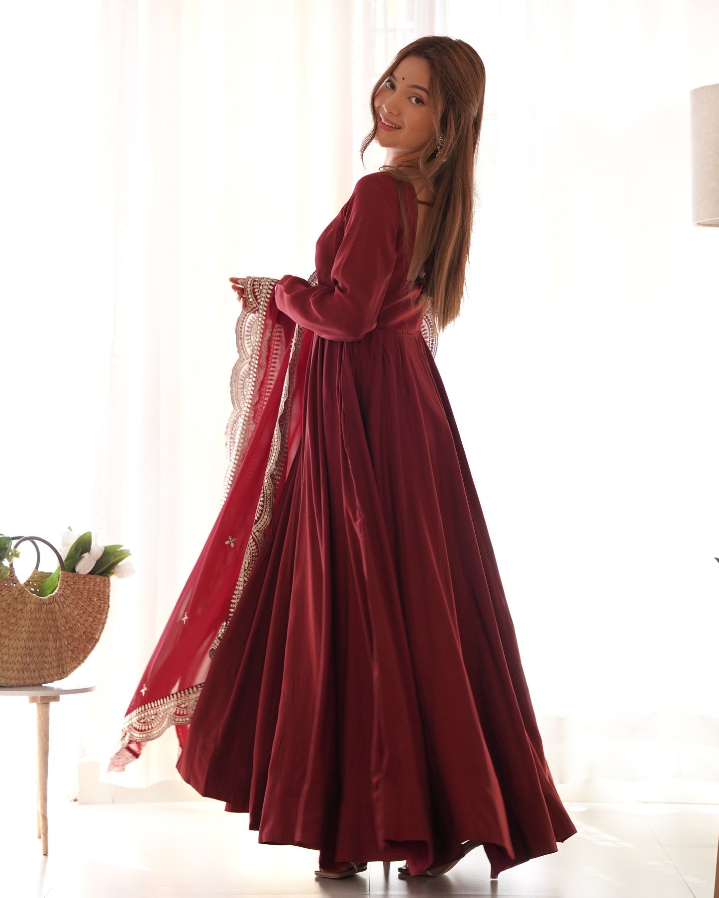 Lorenvalley Fashion Maroon Pure Roman Silk Chanderi Fabric Fully Flared Anarkali Pant With Dupatta Set - Maroon - Swadesiicart