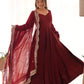 Lorenvalley Fashion Maroon Pure Roman Silk Chanderi Fabric Fully Flared Anarkali Pant With Dupatta Set - Maroon - Swadesiicart