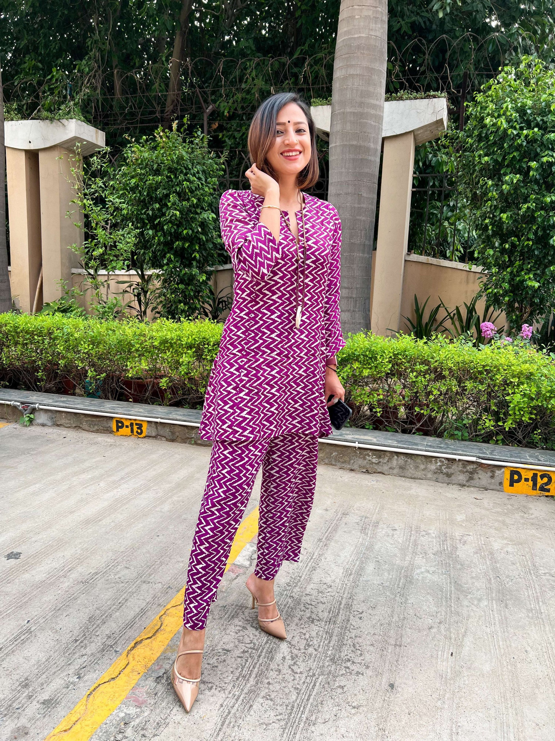 trueBrowns Purple White Lehariya Printed Silk Co-Ord Set - Swadesiicart