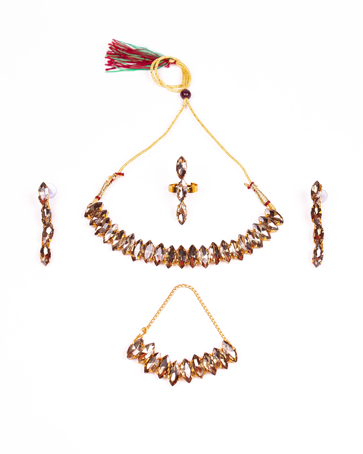 Gold-Polished Alloy Rhinestones Studded Single Line Necklace Set - The Pari - Swadesiicart
