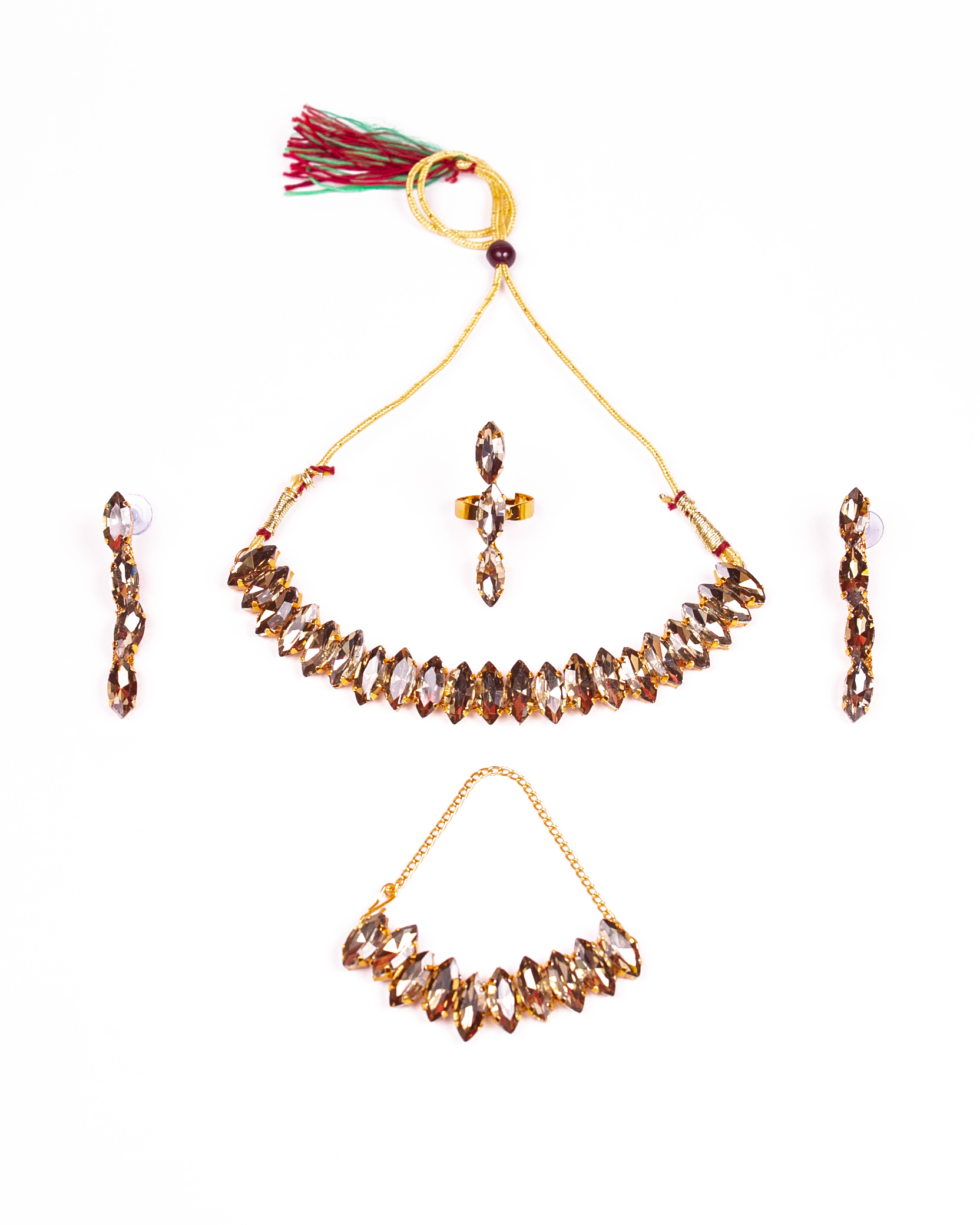 Gold-Polished Alloy Rhinestones Studded Single Line Necklace Set - The Pari - Swadesiicart
