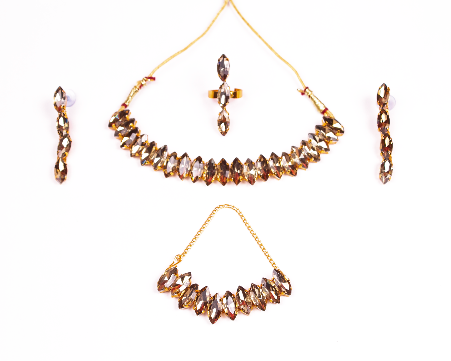 Gold-Polished Alloy Rhinestones Studded Single Line Necklace Set - The Pari - The Pari - Dinesh Associates