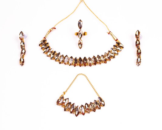 Gold-Polished Alloy Rhinestones Studded Single Line Necklace Set - The Pari - The Pari - Dinesh Associates
