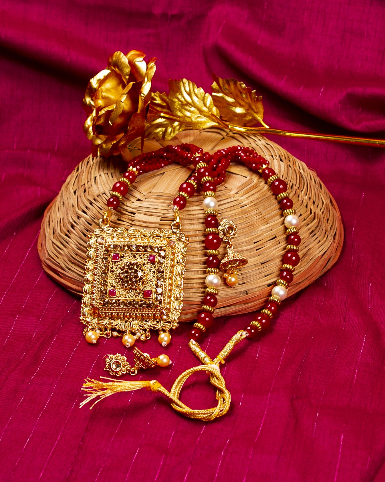 Gold-Polished Alloy Pearl And Beads Mala Pendant Set - The Pari | Swadesiicart