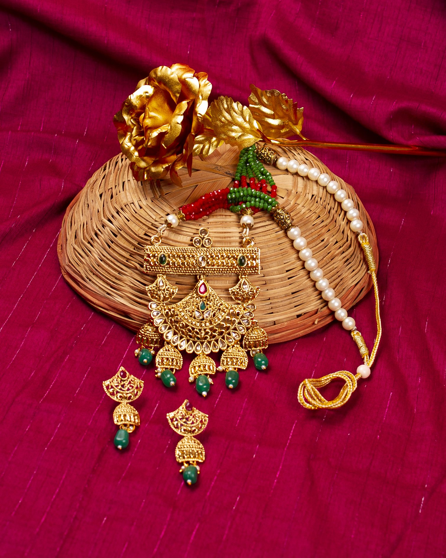 Gold-Polished Alloy Pearl And Beads Mala Pendant Set - The Pari | Swadesiicart