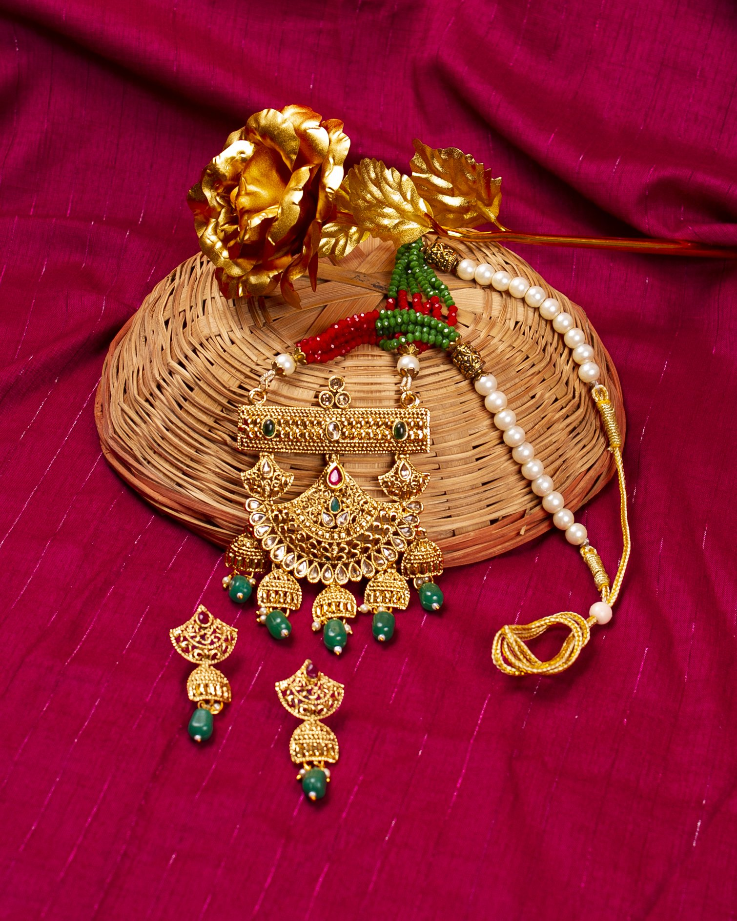 Gold-Polished Alloy Pearl And Beads Mala Pendant Set - The Pari | Swadesiicart