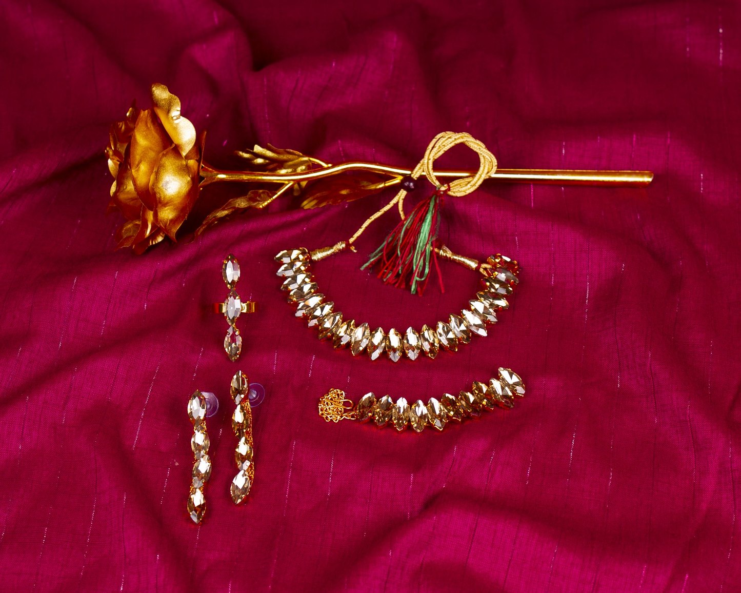 Gold-Polished Alloy Rhinestones Studded Single Line Necklace Set - The Pari - Swadesiicart