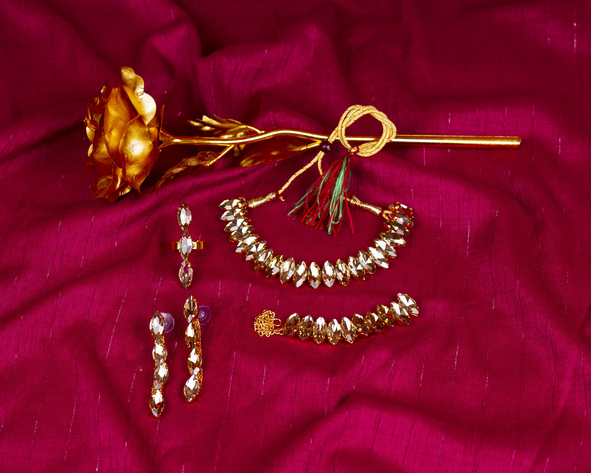 Gold-Polished Alloy Rhinestones Studded Single Line Necklace Set - The Pari - Swadesiicart