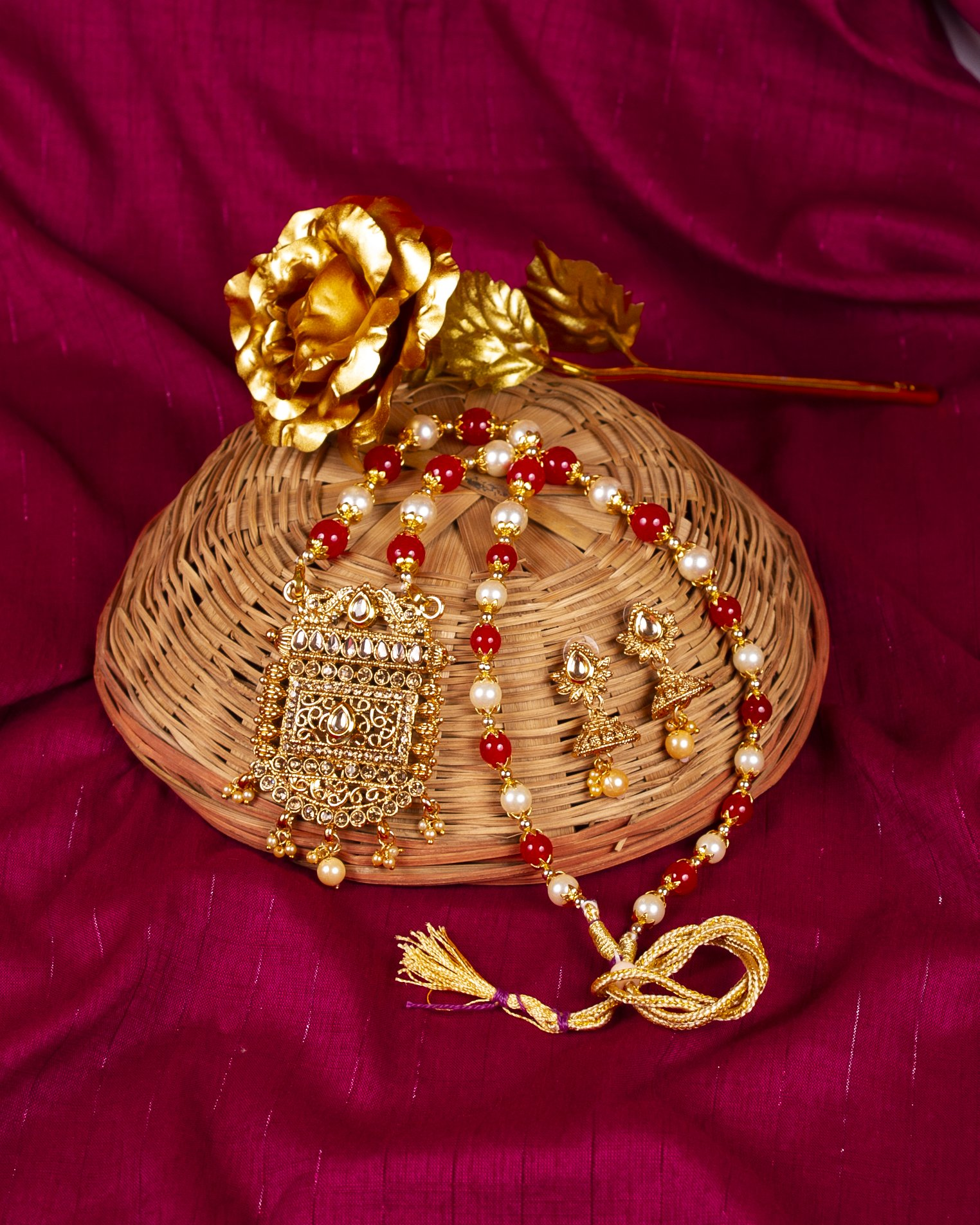 Gold-Polished Alloy Pearl And Beads Mala Pendant Set - The Pari | Swadesiicart