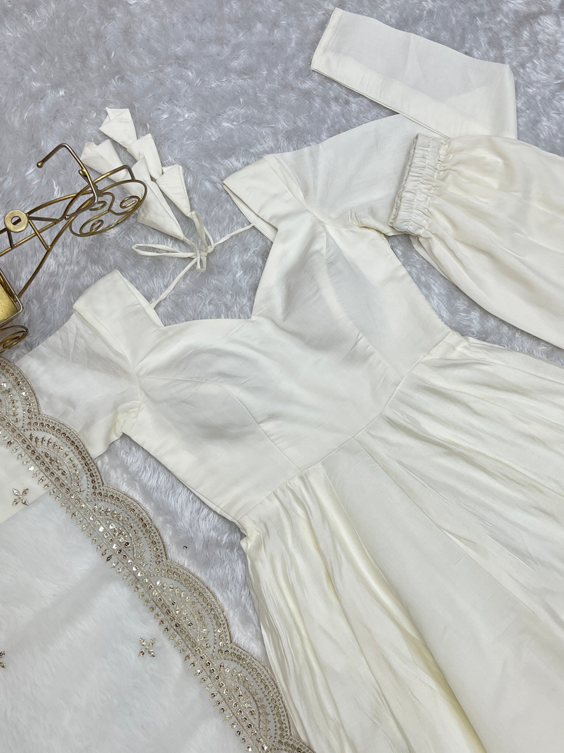 Lorenvalley Fashion Offwhite Pure Roman Silk Chanderi Fabric Fully Flared Anarkali Pant With Dupatta Set - Off White | Swadesiicart