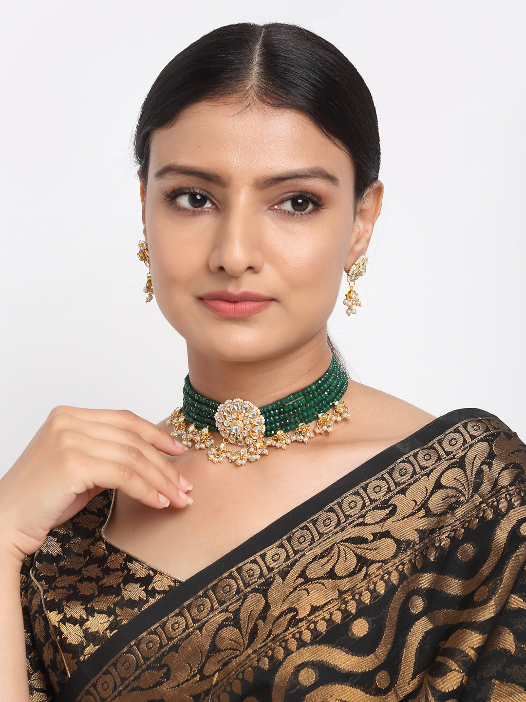 Gold-Polished Green Kundan-Studded Choker With Earrings - Ruby Raang | Swadesiicart