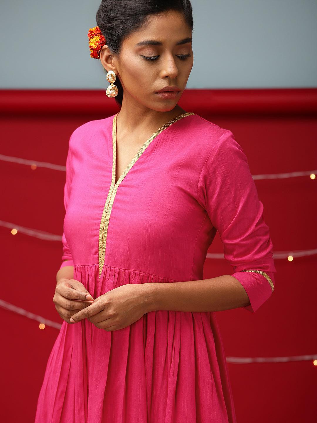 trueBrowns Pink Gold Lace Dress | Swadesiicart
