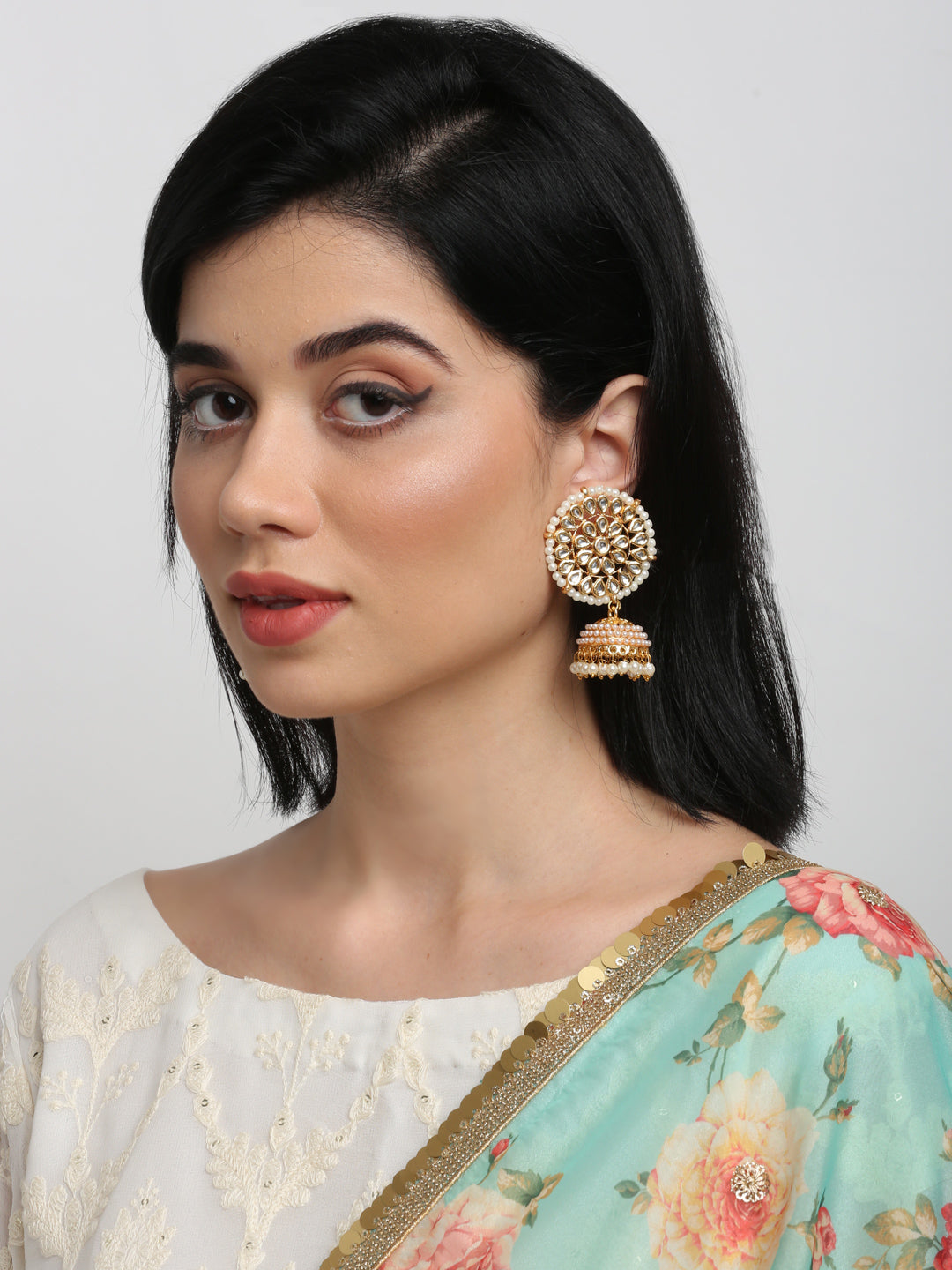 Gold White Kundan Studded Dome Shaped Jhumka Earrings - Ruby Raang | Swadesiicart