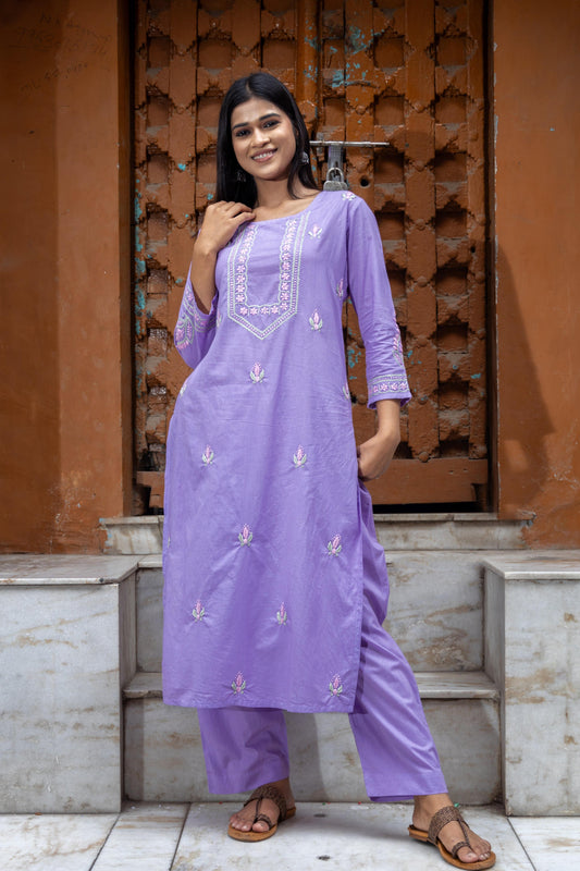 Gharana India Mul Cotton Lilac Chikankari Kurta Set - 2Pc | Swadesiicart