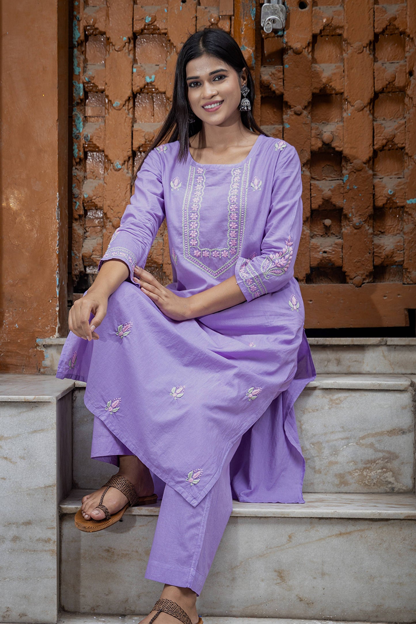 Gharana India Mul Cotton Lilac Chikankari Kurta Set - 2Pc | Swadesiicart