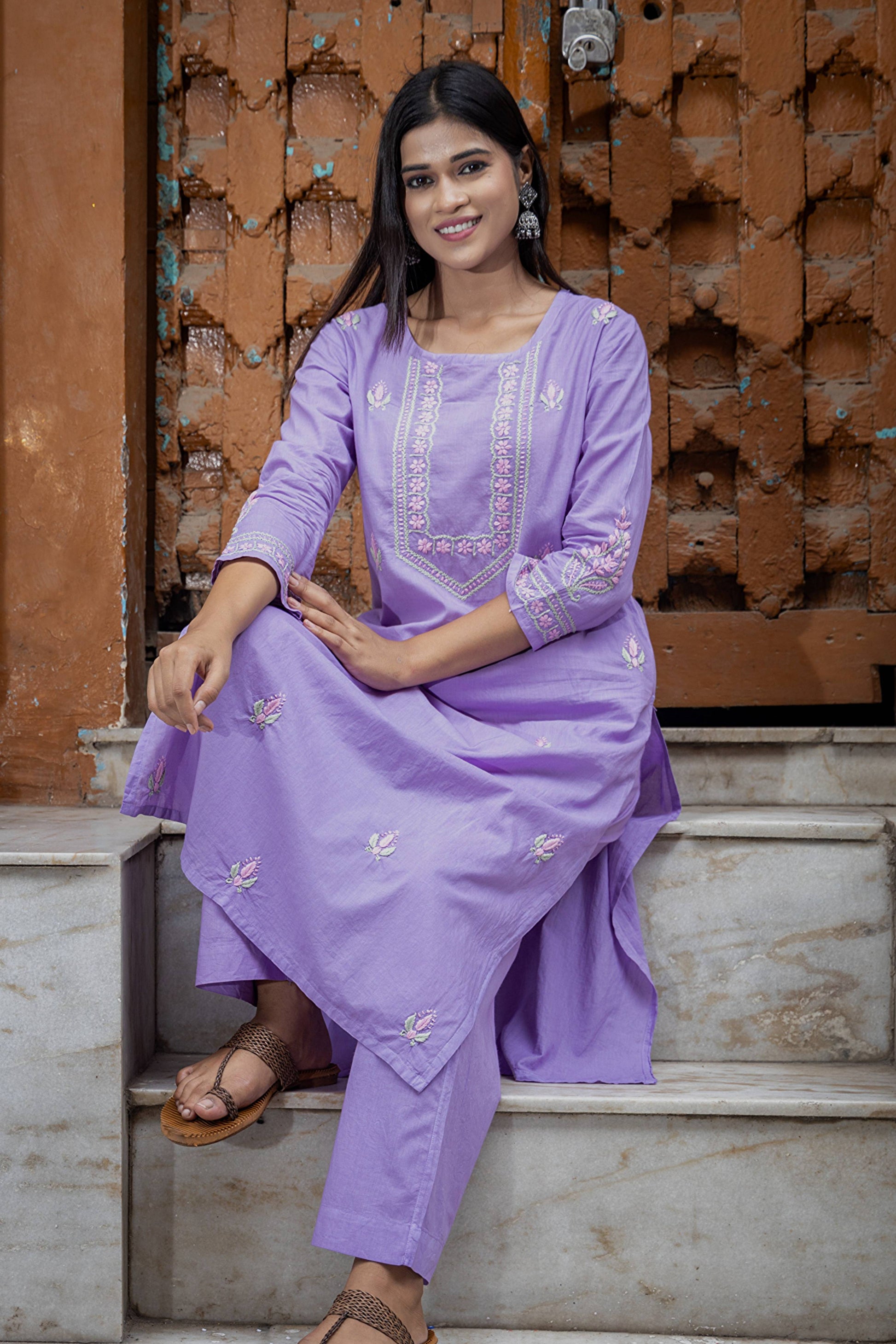 Gharana India Mul Cotton Lilac Chikankari Kurta Set - 2Pc | Swadesiicart